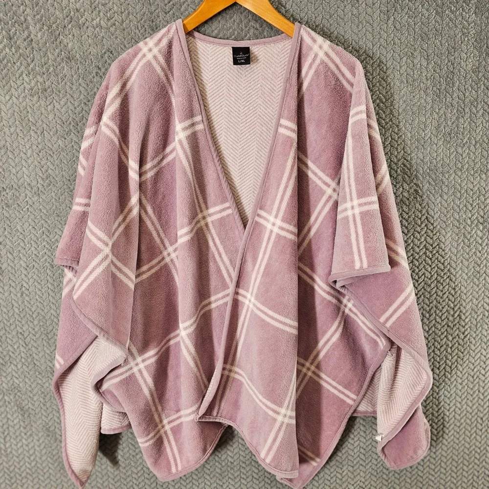 Cuddl Duds Mauve Plaid Fleece Wrap Poncho Oversized L/XL Open Front Side Buttons